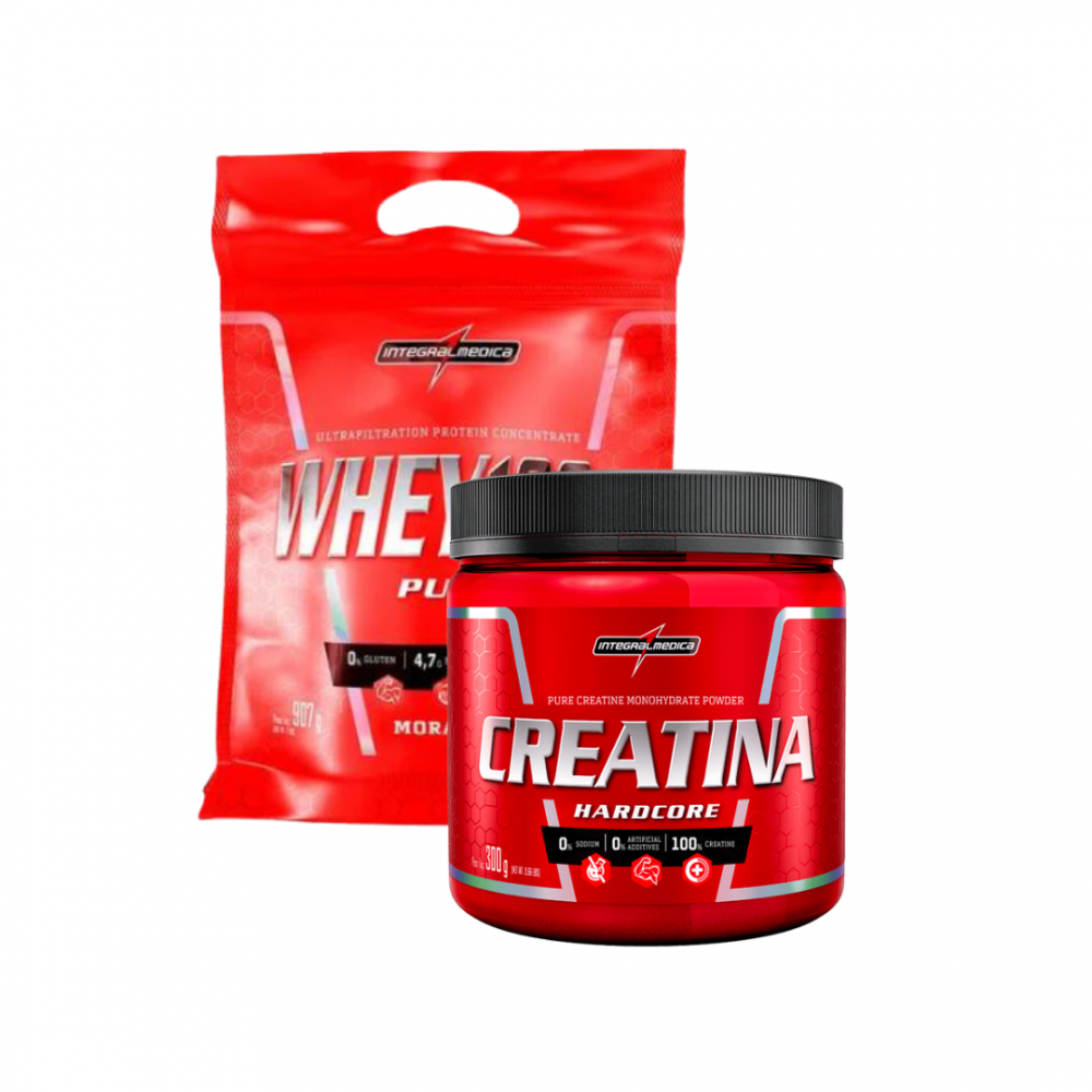 COMBO Whey 100% Pure 900g Refil + Creatina 300g INTEGRALMÉDICA GRÁTIS COQUETELEIRA